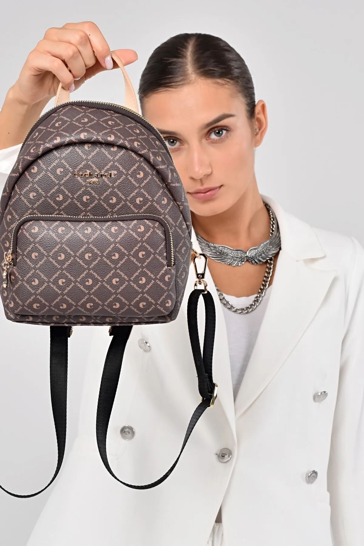 CACHAREL KADIN DESENLİ SIRT ÇANTASI C-051-KAHVE BEJ 