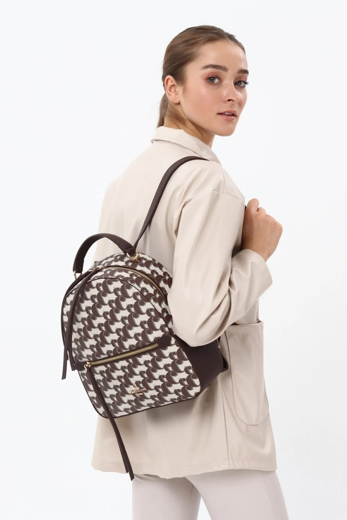 CACHAREL KADIN DESENLİ SIRT ÇANTASI C-065 - KAHVE 