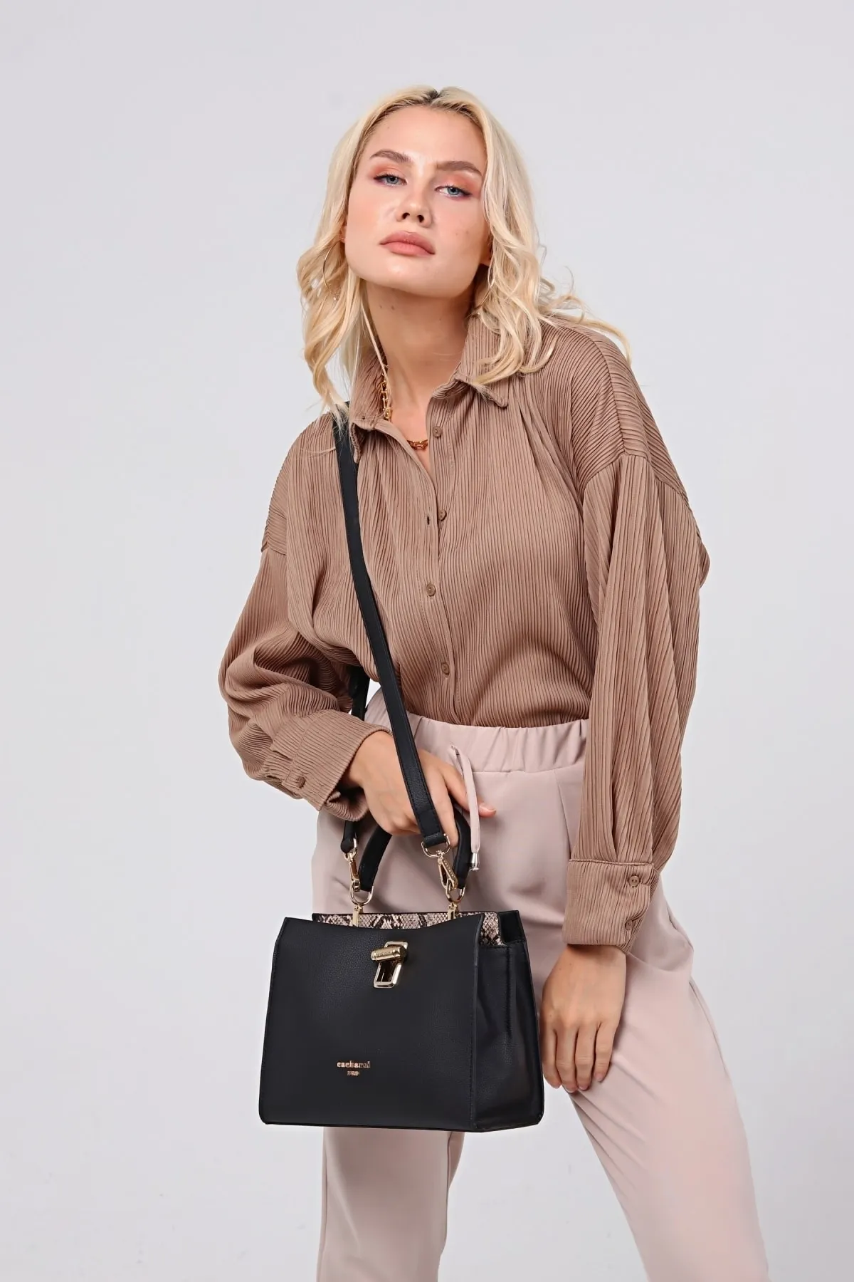 CACHAREL KADIN EL VE OMUZ ÇANTASI-C-052-SİYAH-BEJ 