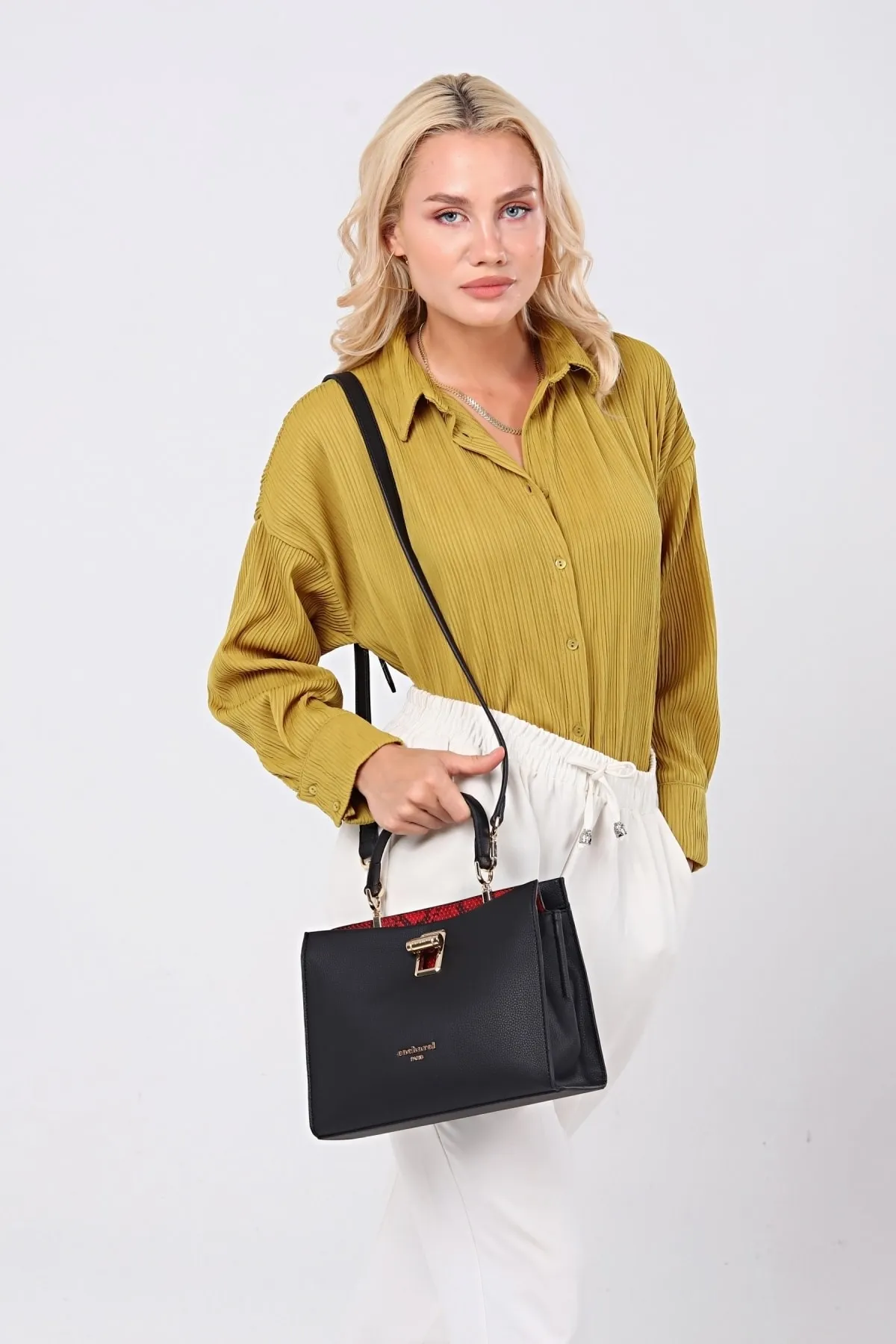 CACHAREL KADIN EL VE OMUZ ÇANTASI-C-052-SİYAH-KIRMIZI 