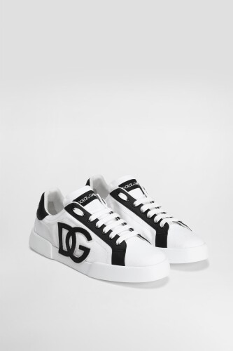 Erkek Aplike Logolu Deri Sneakers - Beyaz/Siyah - Dolce&gabbana