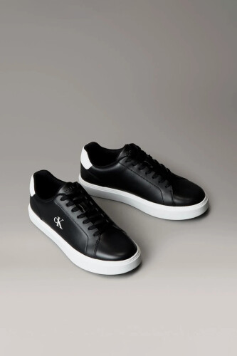 Erkek Bağcıklı Pürüzsüz Deri Sneaker - Siyah/Beyaz 