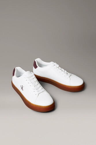 Erkek Classic Cupsole Bağcıklı Deri Spor Ayakkabı - Beyaz/Bordo 