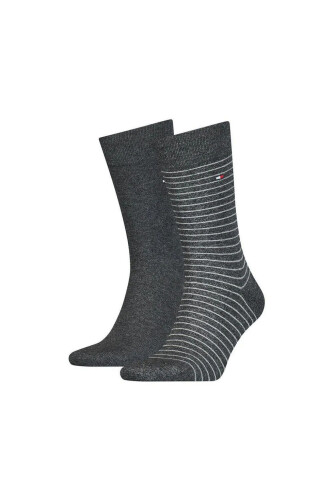 Erkek İnce Çizgili Çorap 2'li Paket - Koyu Gri Melanj 