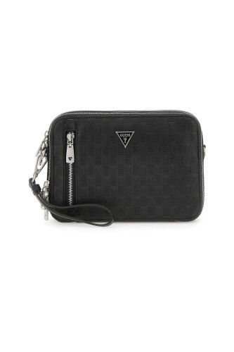 Erkek Kabartma Geometrik Desenli El ve Çapraz Askılı Çanta - Siyah 