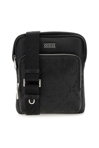 Erkek Kabartma Monogram Desenli Çapraz Askılı Çanta - Siyah 