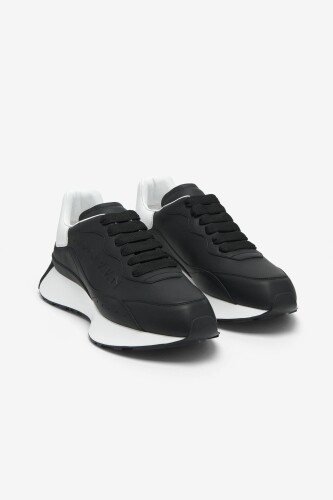 Erkek Kabartmalı Logolu Deri Sneakers - Siyah/Beyaz 