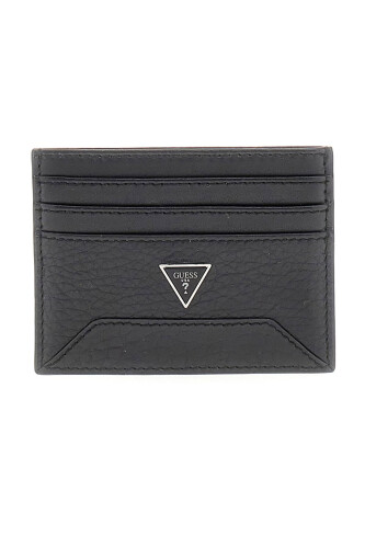 Erkek Logolu Dokulu Deri Kartlık - Siyah 