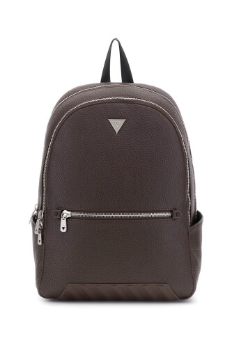 Erkek Metal Logolu Dokulu Sırt Çantası - Kahverengi 