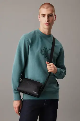 Erkek Monogram CK Logolu Çapraz Çanta - Siyah 