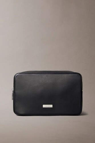 Erkek Yazı Logo Plakalı Aksesuar Çantası - Siyah 