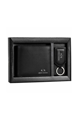 Erkek Yazı Logolu Cüzdan ve Anahtarlık Seti - Siyah 