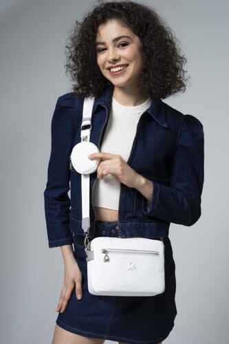 Gofraj Baskılı Mini Cüzdanlı Çapraz Çanta BNT_774-Beyaz-A.Gri 