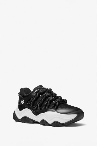 Kadın Atlas Cord Örgü Bağcıklı Kalın Tabanlı Sneaker - Siyah/Beyaz 