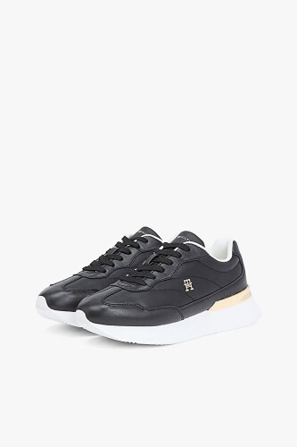 Kadın Bağcıklı Altın Detaylı Kalın Taban Sneaker - Siyah 