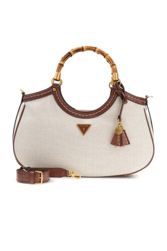 Kadın Bambu Saplı Kumaş Görünümlü Omuz Çantası - Bej 