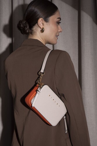 Kadın Çift Askılı Renk Bloklu Kamera Çanta - Bej/Turuncu 