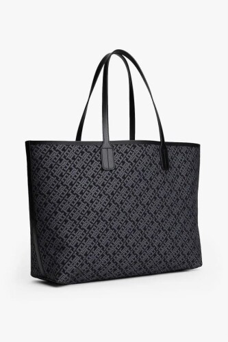 Kadın Çıkarılabilir Cüzdanlı Monogram Desenli Tote Omuz Çantası - Siyah - Tommy Hilfiger