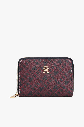 Kadın Fermuarlı Monogram Baskılı Kompakt Cüzdan - Bordo - Tommy Hilfiger