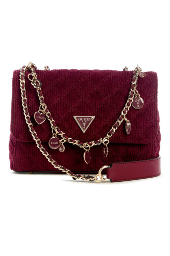 Kadın Fitilli Kadife Omuz Çantası - Kırmızı - Guess