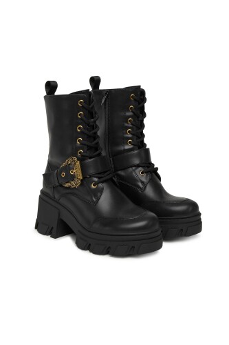 Kadın Gold Toka Detaylı Kalın Tabanlı Bağcıklı Bot - Siyah 