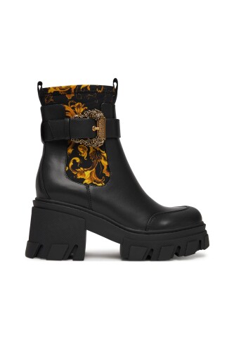 Kadın Gold Toka ve Desenli Elastik Yan Panelli Kalın Tabanlı Bot - Siyah/Gold 