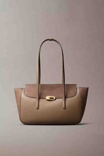 Kadın Hardware Brushed Flap Tote Omuz Çantası - Bej 