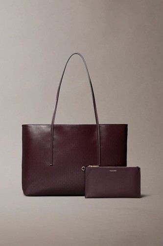 Kadın İç Çantalı Monogram Baskılı Tote Omuz Çanta - Bordo - Calvin Klein