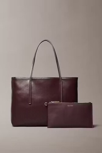 Kadın İç Çantalı Monogram Desenli Küçük Tote Omuz Çanta - Bordo - Calvin Klein
