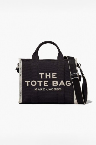 Kadın Jakarlı Kumaş Yazı Baskılı Şerit Detaylı El Çantası - Siyah 