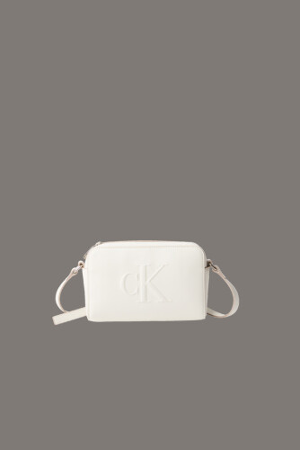 Kadın Kabartma Logolu Kamera Çantası -Beyaz 