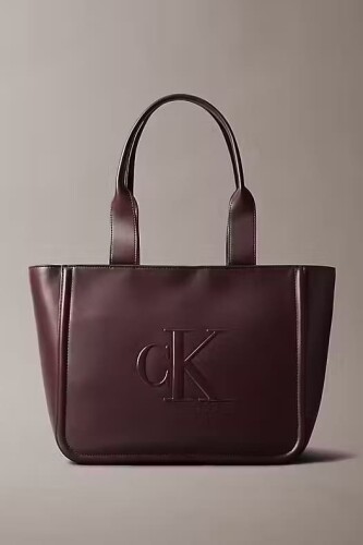 Kadın Kabartma Logolu Tote Omuz Çantası - Bordo - Calvin Klein