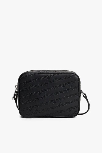 Kadın Kabartma Yazı Desenli Kamera Çantası - Siyah 