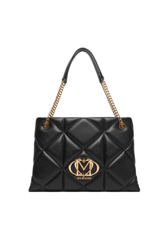 Kadın Kalp Logolu Kapitone Omuz Çantası - Siyah - Love Moschino