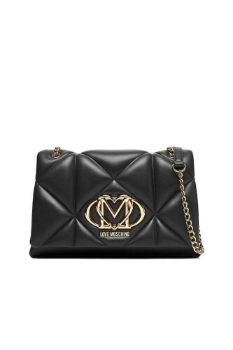 Kadın Kalp Logolu Kapitone Omuz Çantası - Siyah 