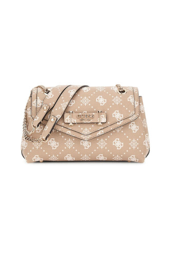 Kadın Kilit Aksesuarlı Monogram Desenli Omuz Çantası - Bej 