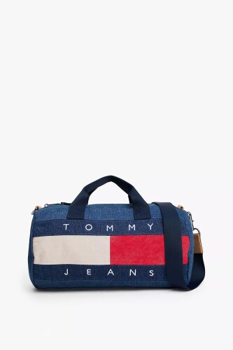 Kadın Kot Görünümlü Baskılı Silindir Spor Çanta - Mavi 