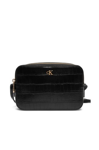 Kadın Kroko Desenli Metal Amblemli Kamera Omuz Çanta - Siyah - Calvin Klein