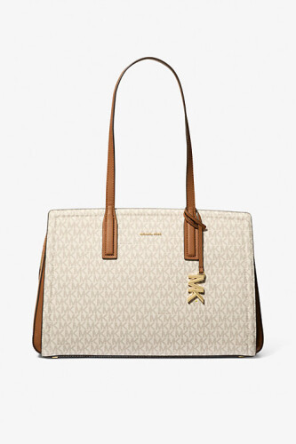 Kadın Laila Orta Boy İmzalı Logolu Tote Omuz Çantası - Krem 