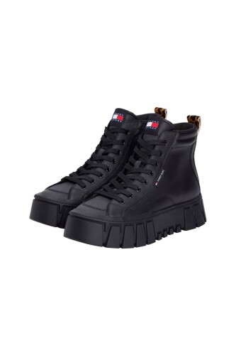 Kadın Leopar Detaylı Platform Tabanlı Bilekli Sneaker - Siyah 