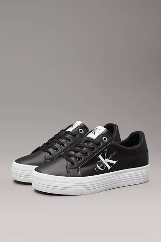 Kadın Logolu Deri Sneaker Ayakkabı - Siyah Beyaz 