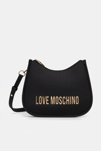 Kadın Metal Harf Logolu Yarım Ay Omuz Çantası - Siyah - Love Moschino