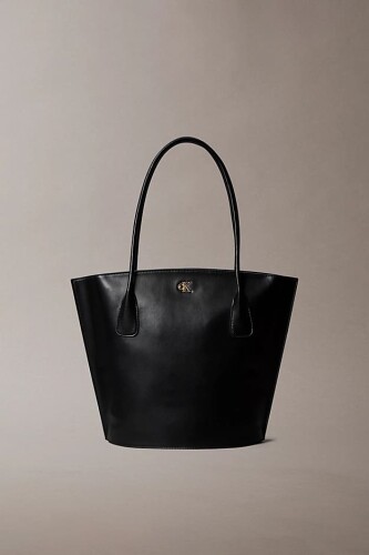 Kadın Metal Monogram Logolu Tote Omuz Çantası - Siyah 