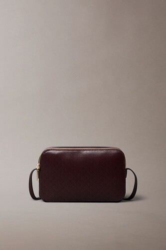 Kadın Monogram Baskılı Dokulu Kamera Omuz Çanta - Bordo - Calvin Klein