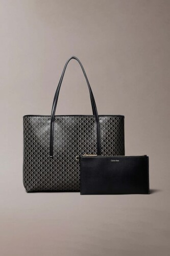 Kadın Monogram Desenli İç Keseli Tote Omuz Çanta - Siyah 