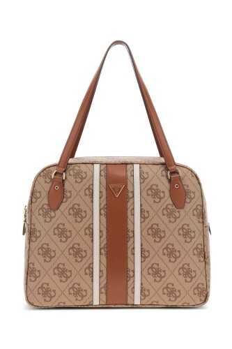 Kadın Monogram Desenli Şerit Detaylı Seyahat Çantası - Kahverengi - Guess