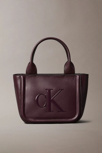 Kadın Monogram Kabartmalı Küçük Boy Tote El Çanta - Bordo - Calvin Klein