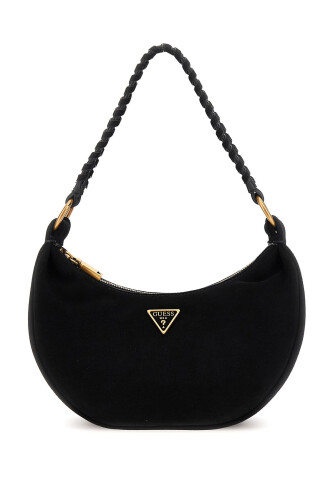 Kadın Örgü Saplı Süet Deri Yarım Ay Çanta - Siyah - Guess