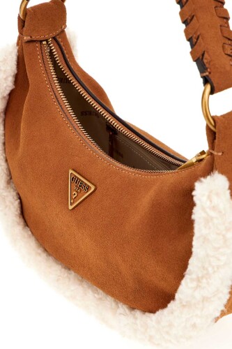 Kadın Pelüş Kenarlı Süet Deri Yarım Ay Çanta - Kahverengi - Guess