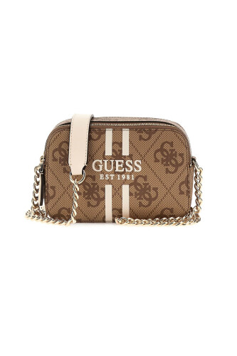 Kadın Şerit Detaylı Monogram Desenli Kamera Çantası - Kahverengi - Guess
